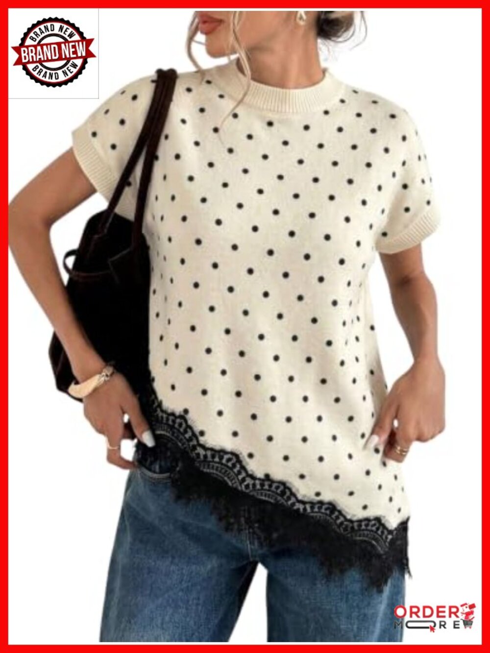 Polka Dots Lace Trim Short Sleeve Sweater Vest Fall Outfits